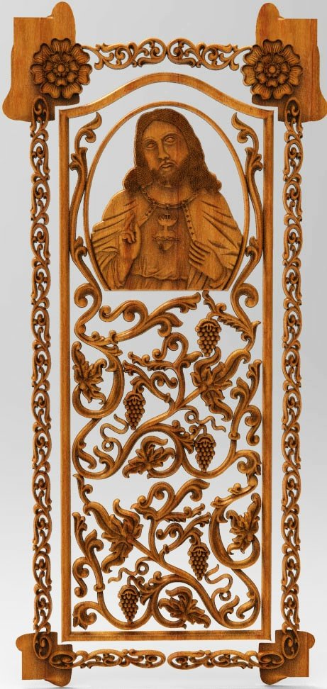 3D DOOR - OAK-46 Sacred Heart of Jesus Intricate Wood Carving Panel Design